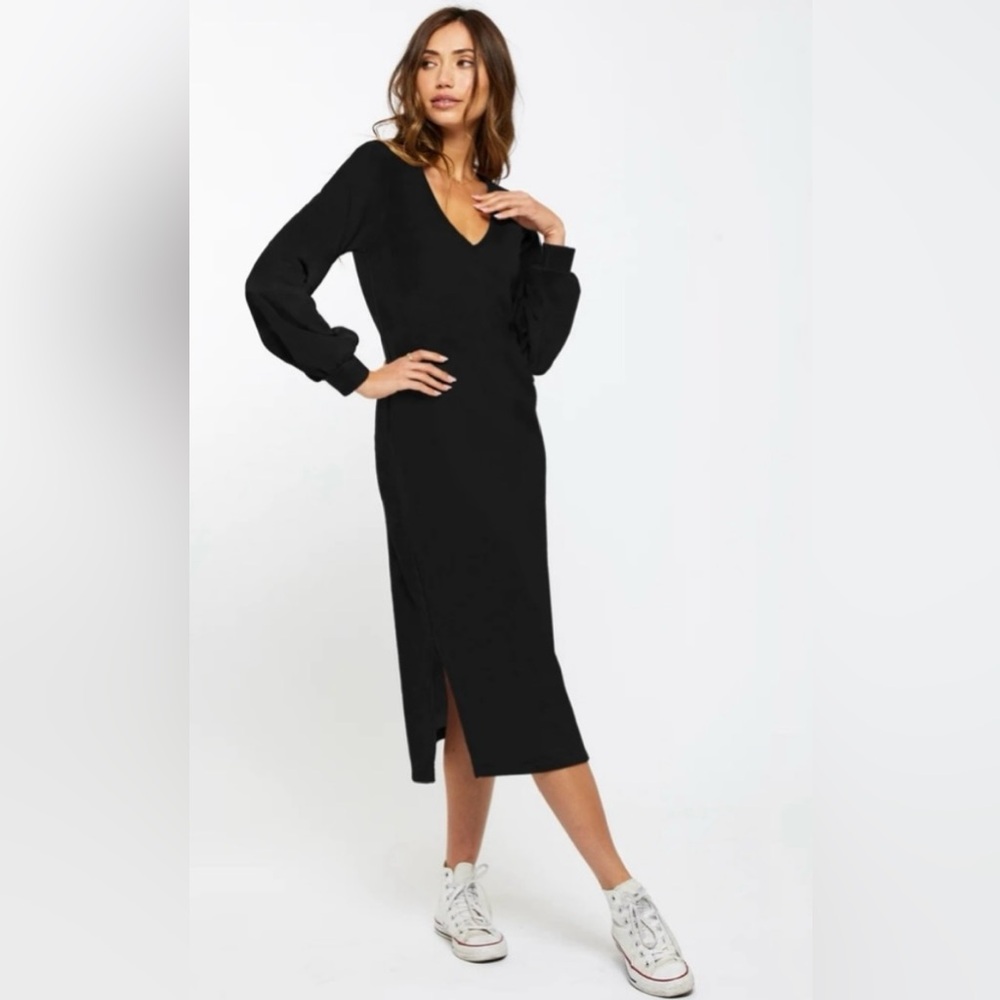 Sol Angeles Billow Midi Dress Fleeced French Terry Black - Size Medium